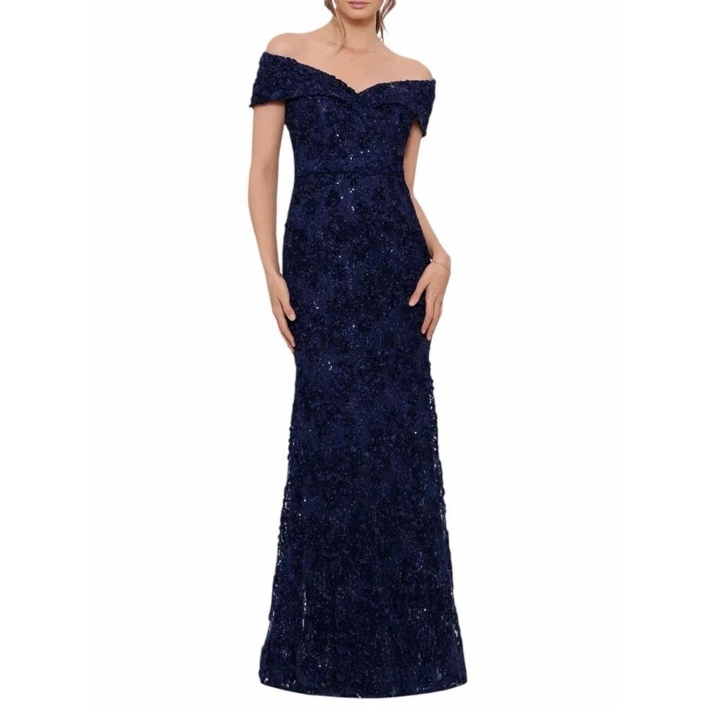XSCAPE Off The Shoulder Evening Formal Navy Blue Gown Sequins Lace Size 12 NEW - Picture 5 of 10